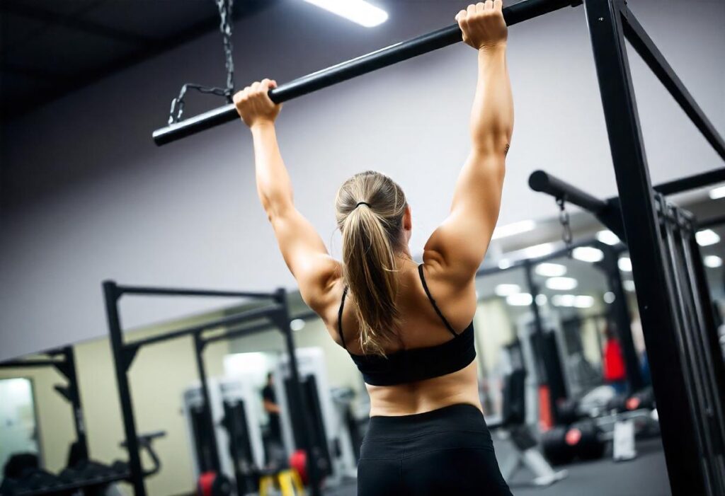 A woman performing chin ups on a bar