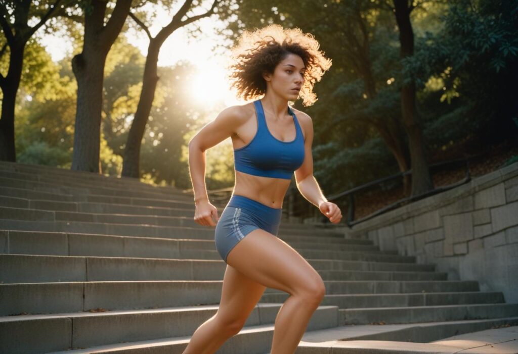 Woman sprinting on stairs