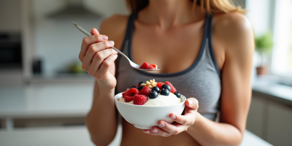 Woman eating a bowl of yogurt