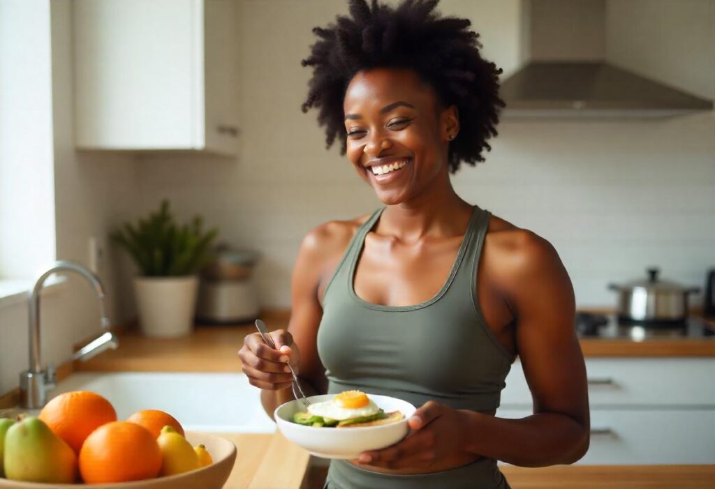 Woman eating eggs for breakfast