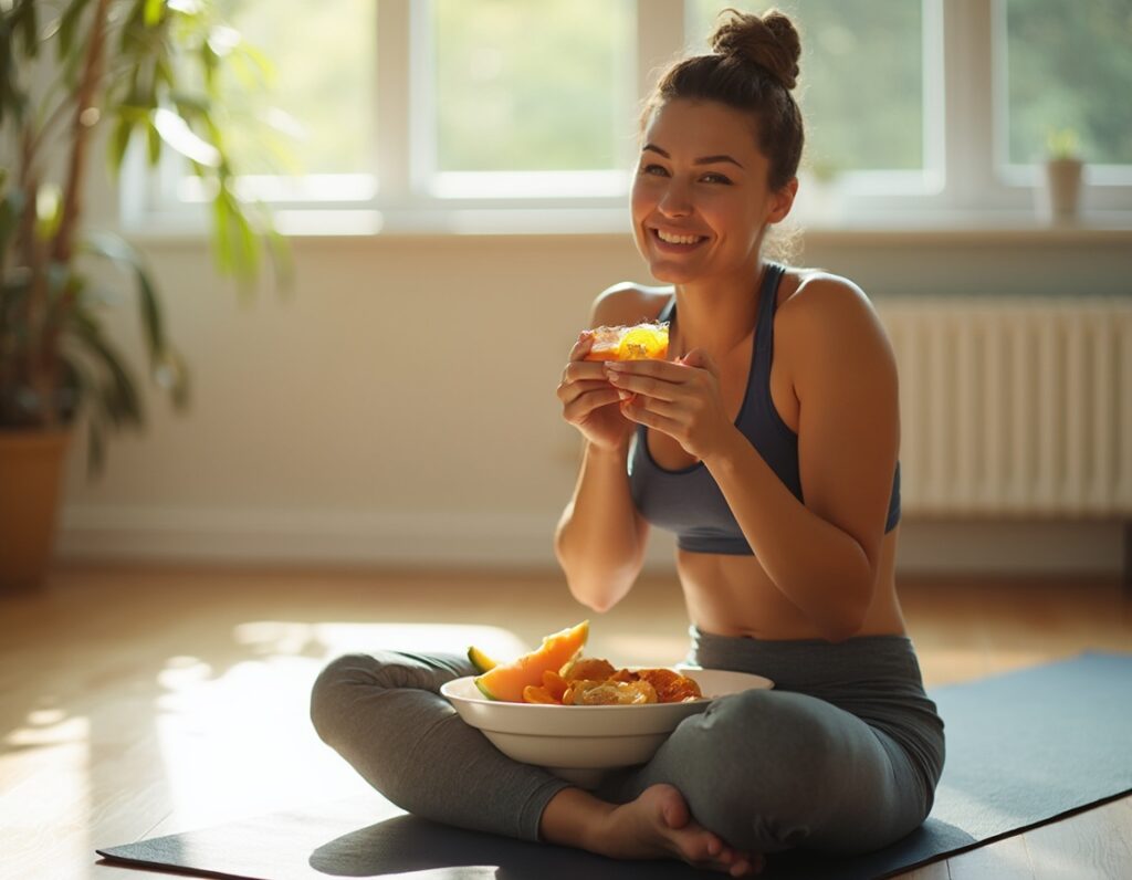 woman eating a bowl of fruit