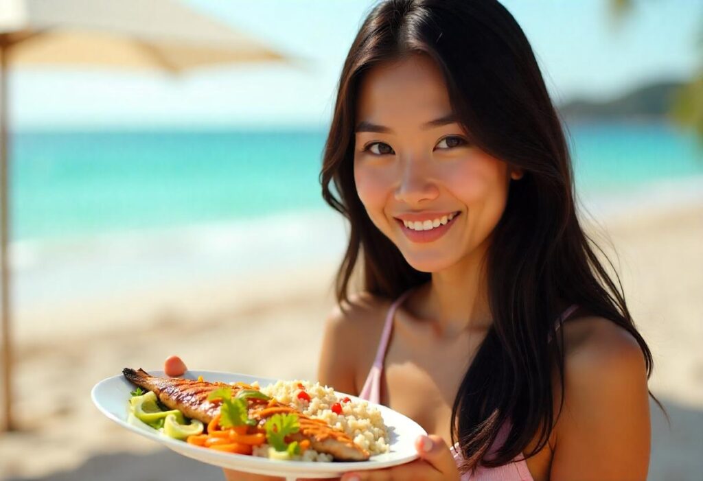 Woman eating a seafood meal 