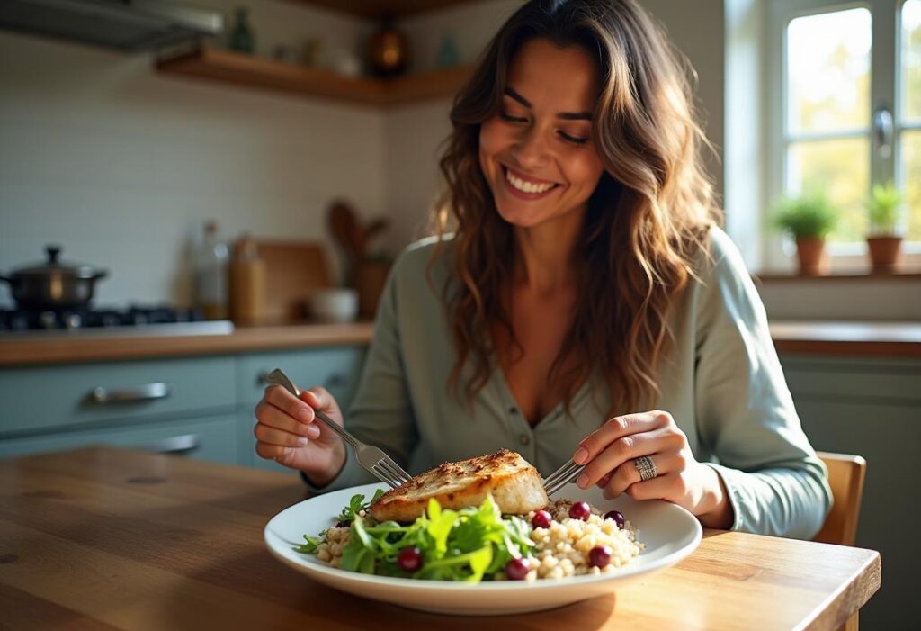 A fit and healthy woman eating a protein rich meal