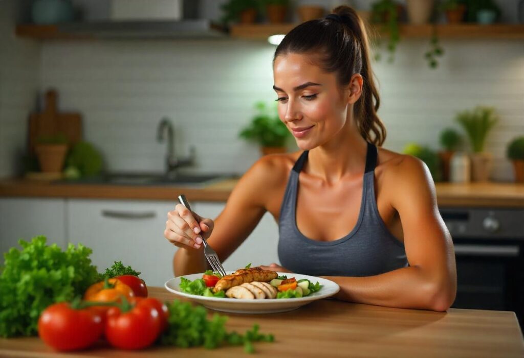 Healthy woman eating a calorie controlled meal