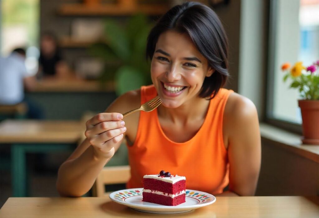 Woman enjoying a slice of cake