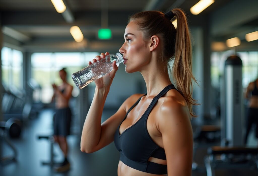 Woman hydrating herself in the gym