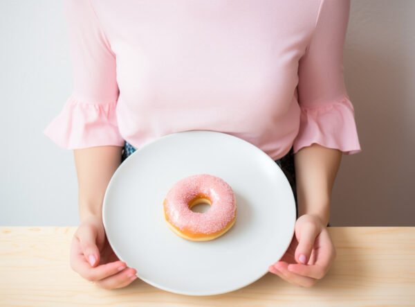 Woman with a pink frosted donut on her plate