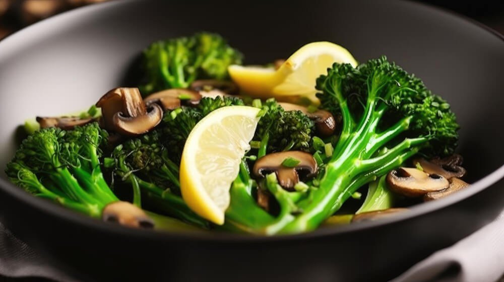 Broccoli on a plate with mushrooms