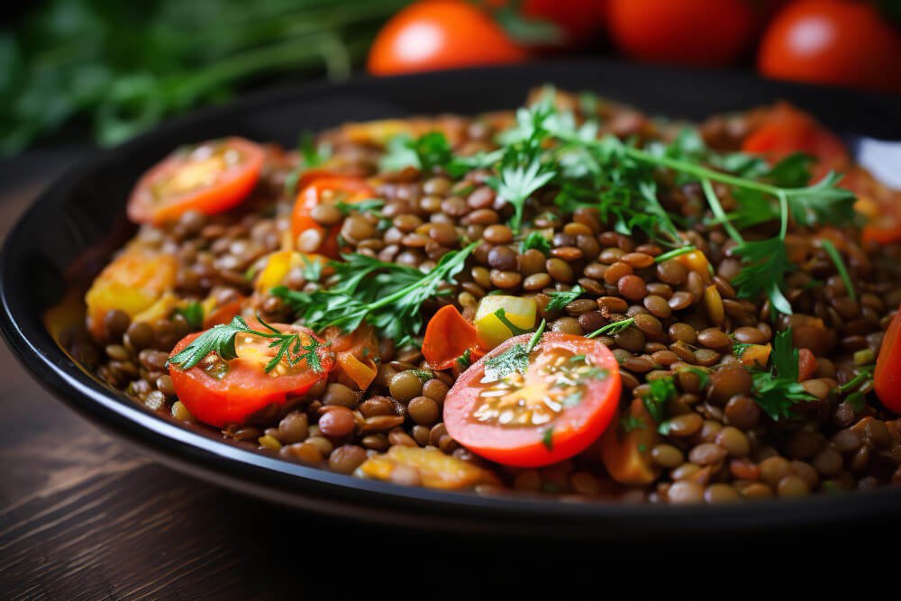 Delicious bowl of lentils with tomatoes and herbs