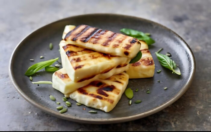 Four stacked slices of Haloumi Cheese