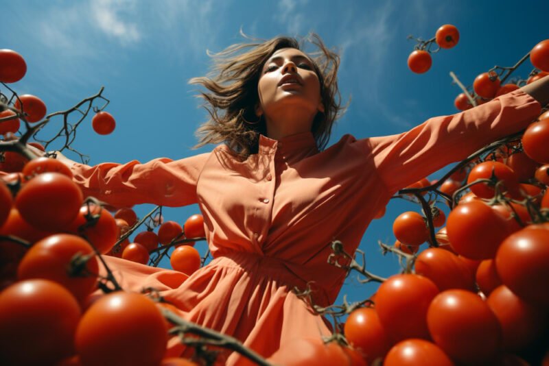 Woman in a field of tomatoes