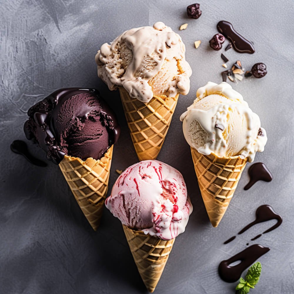 Ice cream cones of different flavour