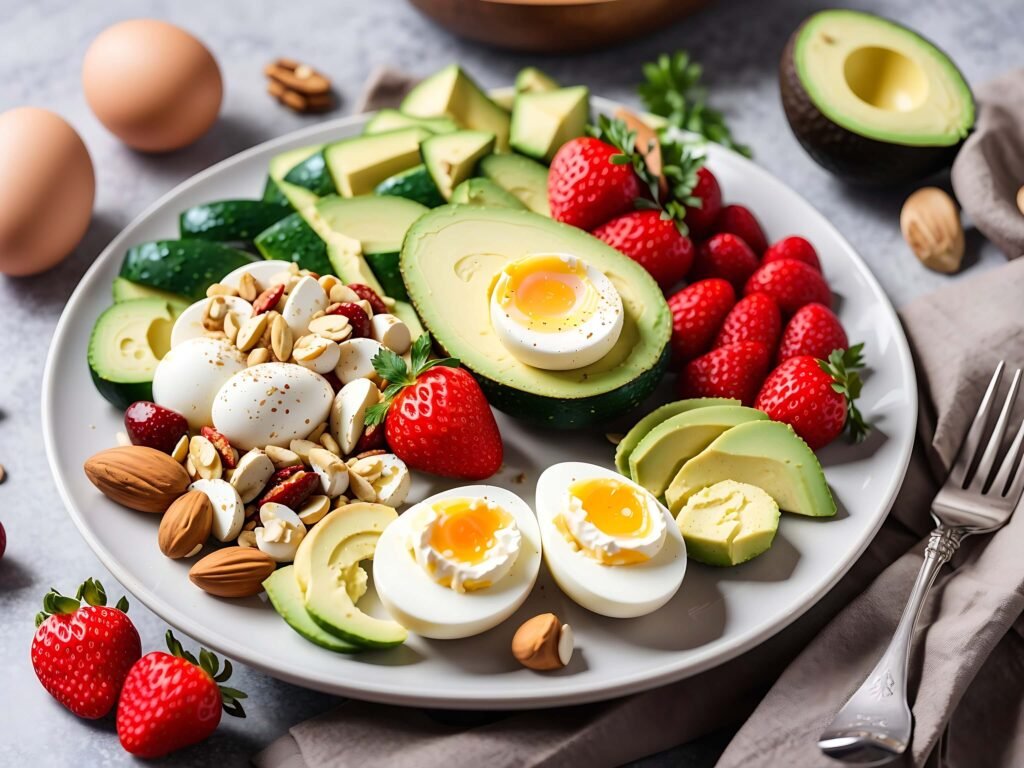 Paleo food on a plate that contains boiled eggs, strawberries and nuts