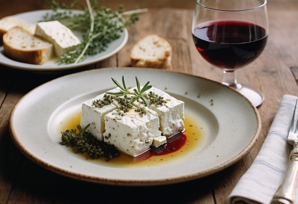 Goats feta cheese on a plate with wine