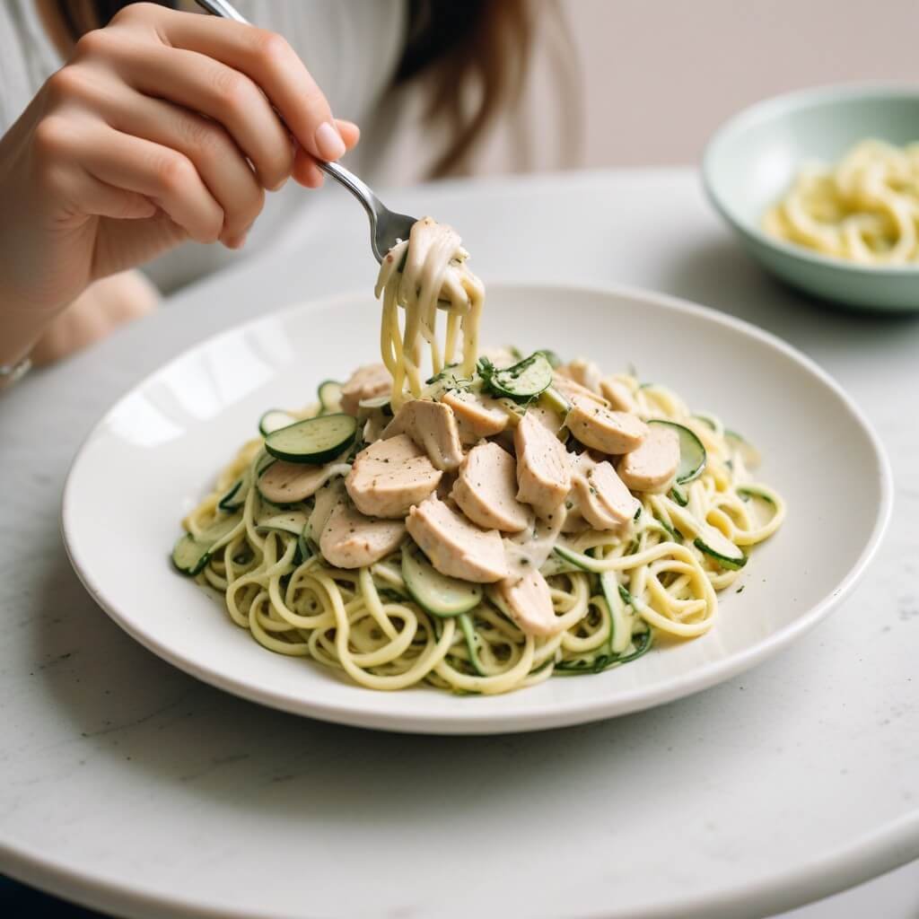 woman eating Creamy chicken alfredo zoodles