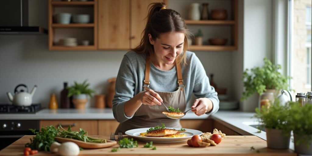 Woman preparing her fish dinner