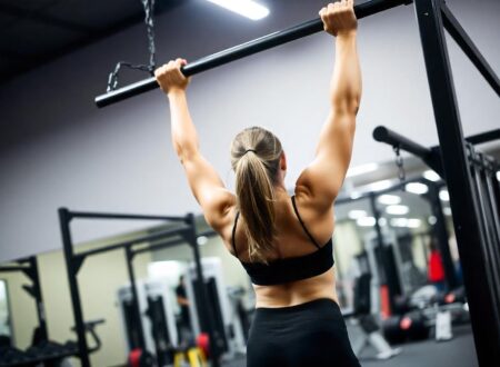 A woman performing chin ups on a bar