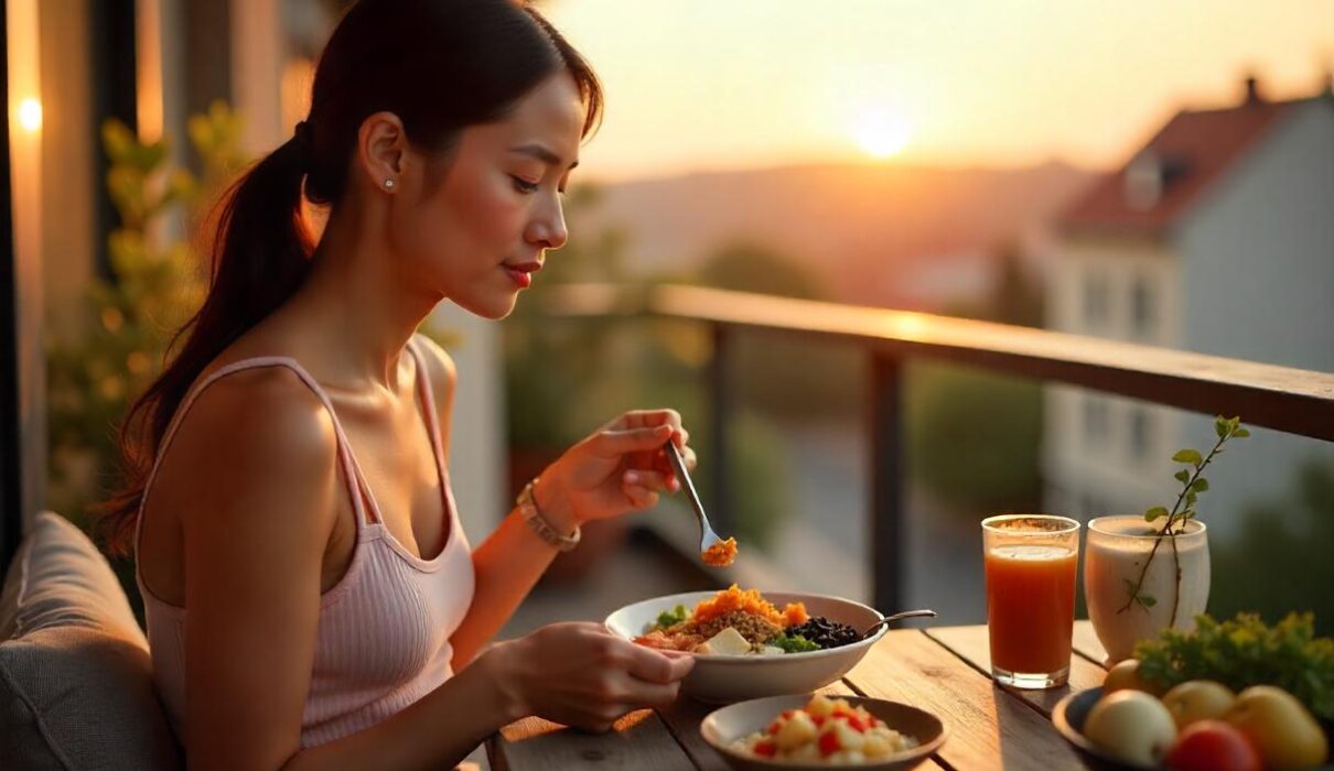 A woman eating a high protein meal