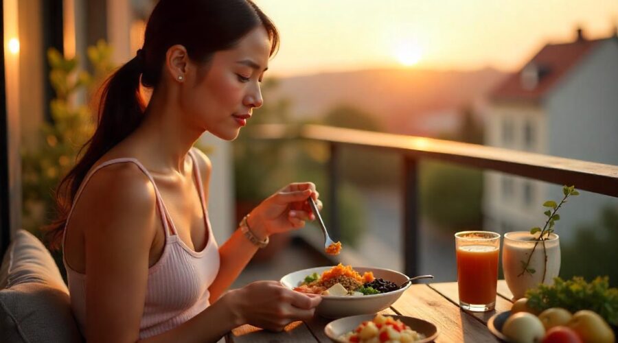 A woman eating a high protein meal