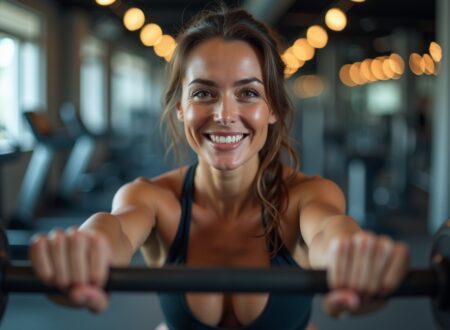 A woman in the gym happy