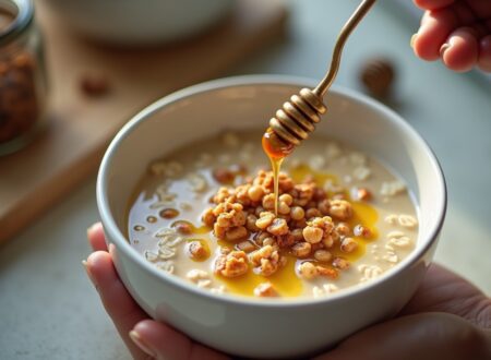 A healthy bowl of oats with honey