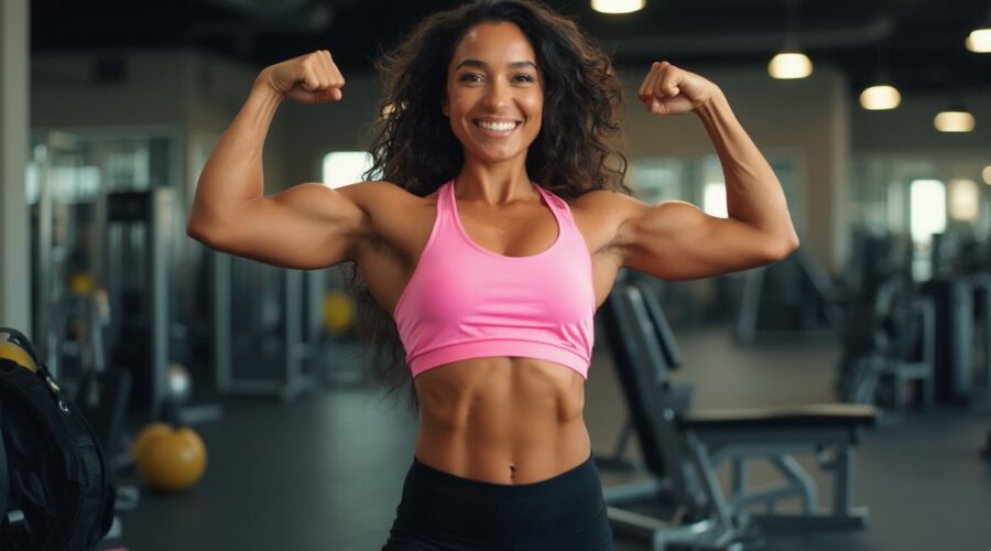 A woman flexing her muscles in the gym