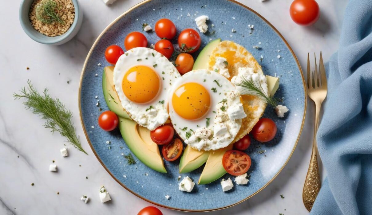 Fried eggs, avocado and tomato