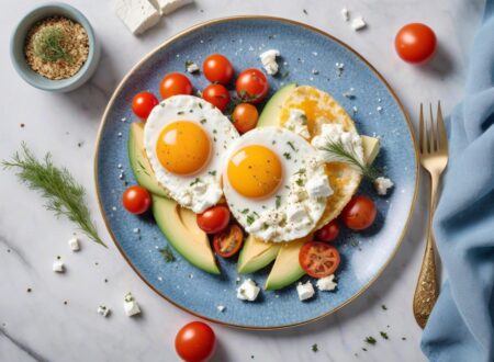 Fried eggs, avocado and tomato