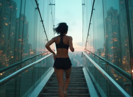 woman sprinting up stairs