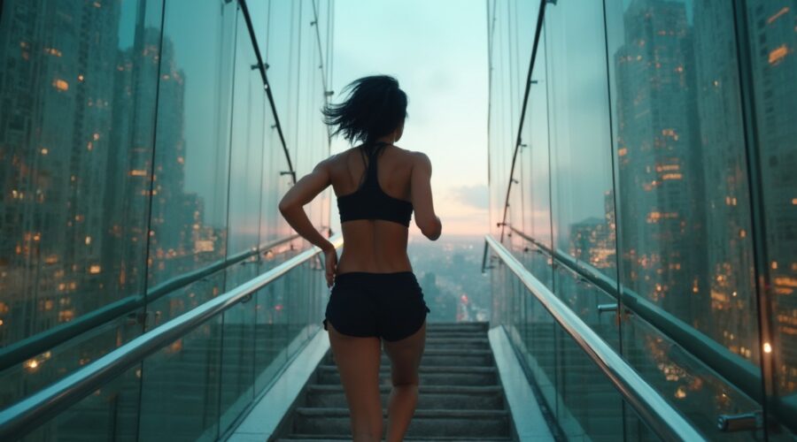 woman sprinting up stairs