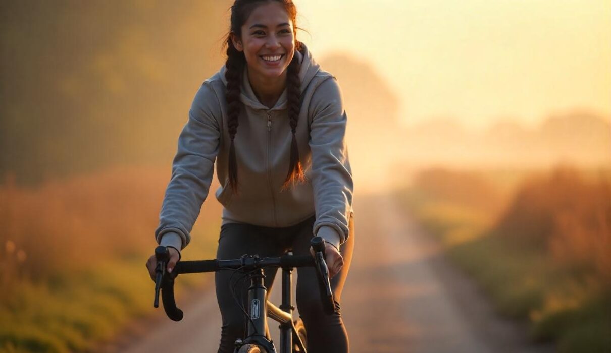 Happy young woman riding her bike in the morning