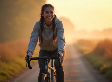 Happy young woman riding her bike in the morning