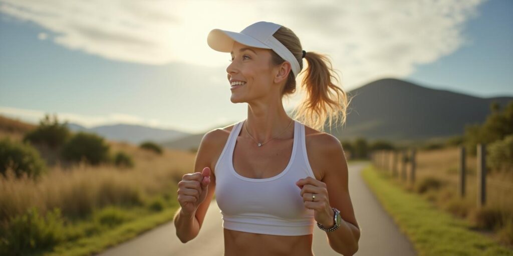 Woman running outside with a hat on