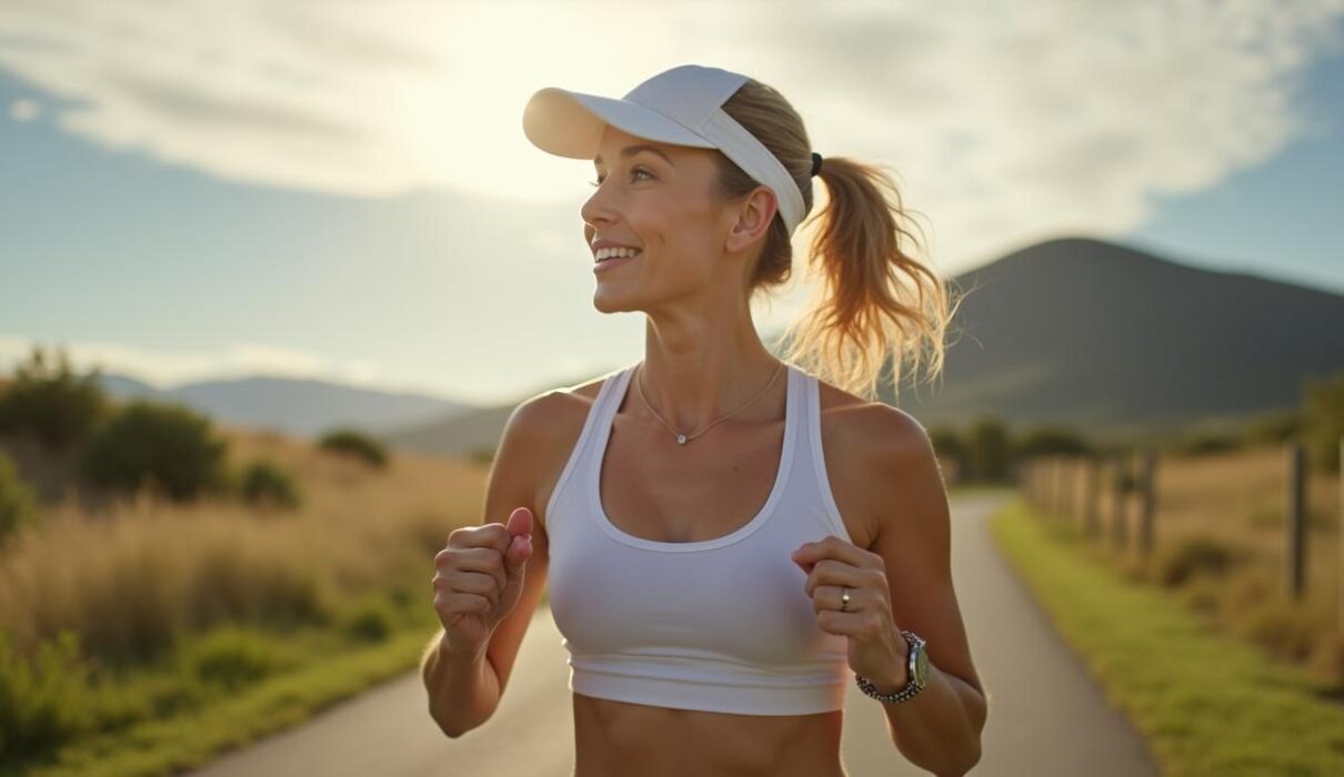 Woman running outside with a hat on