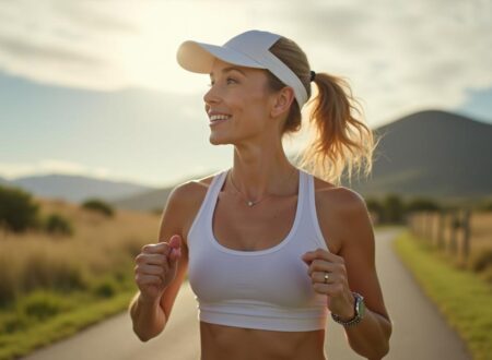 Woman running outside with a hat on