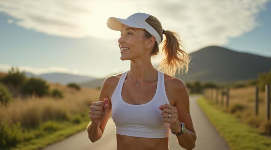 Woman running outside with a hat on