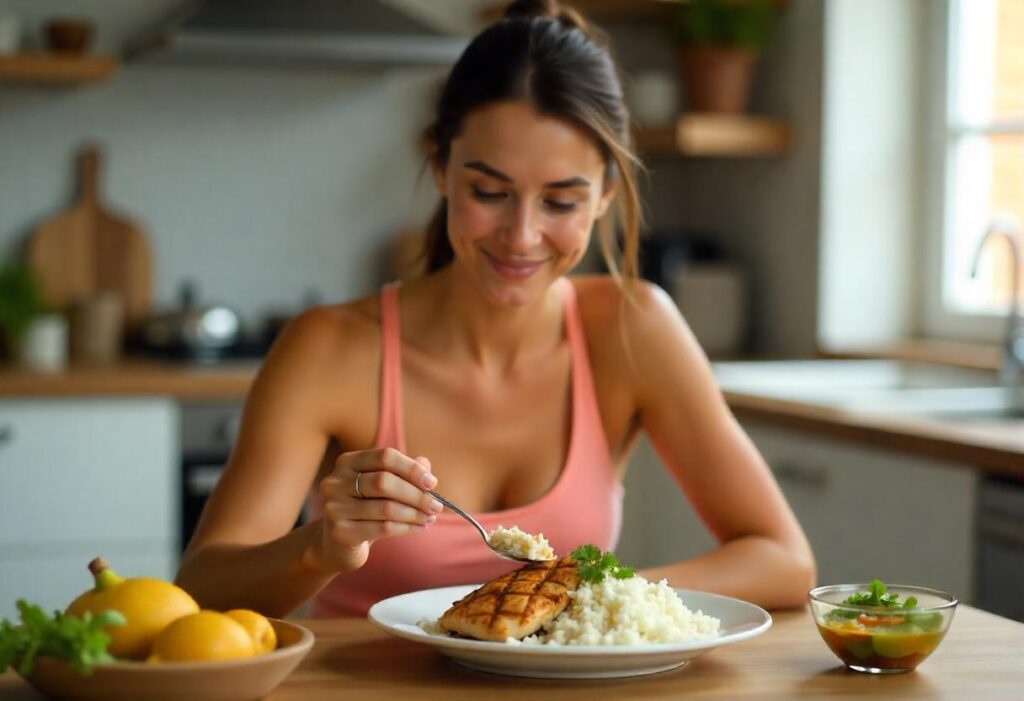 Healthy woman eating a chicken meal