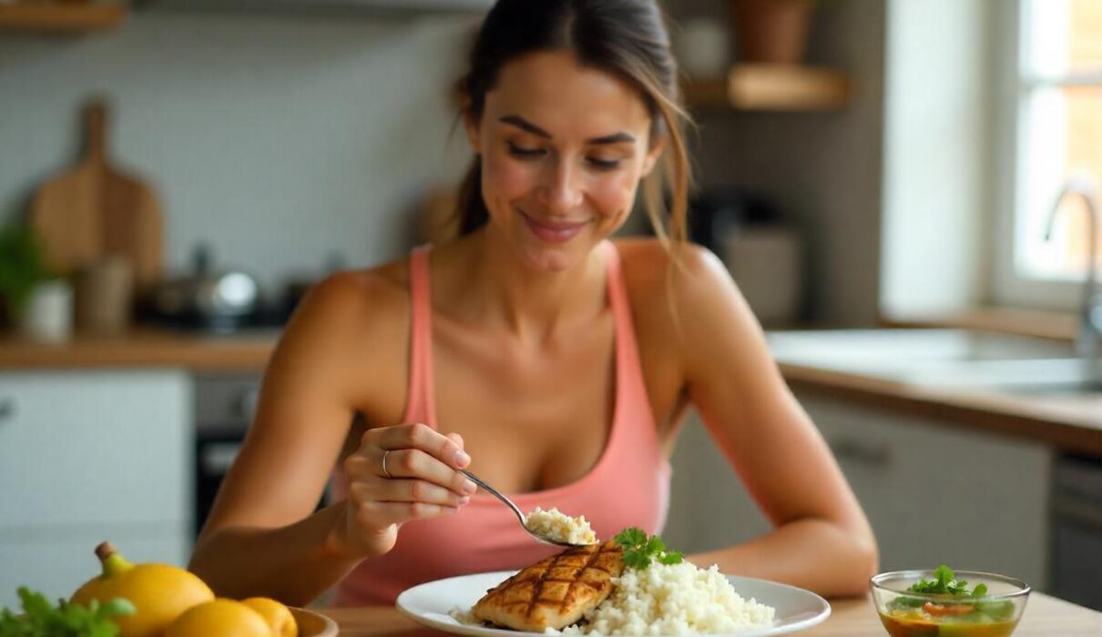 Healthy woman eating a chicken meal