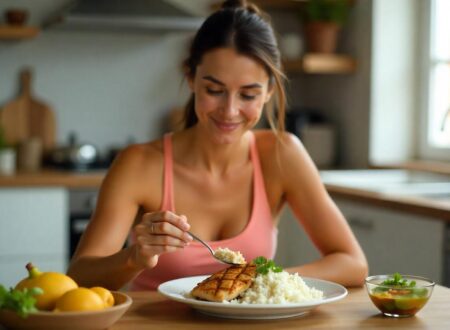 Healthy woman eating a chicken meal