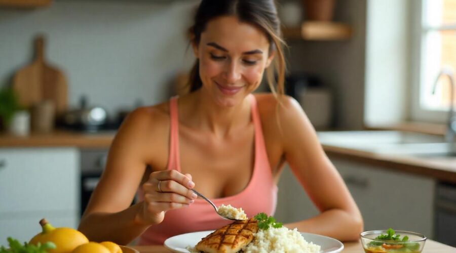 Healthy woman eating a chicken meal