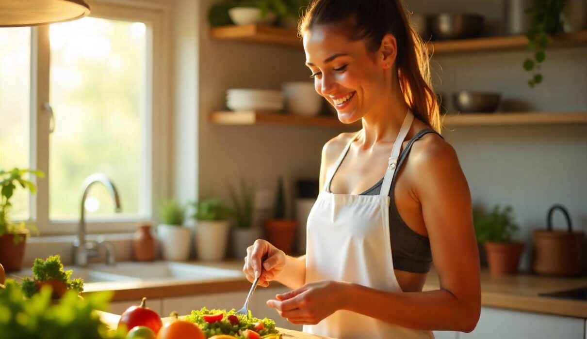 Healthy woman meal prepping in her kitchen