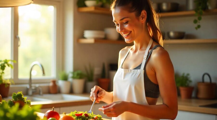 Healthy woman meal prepping in her kitchen