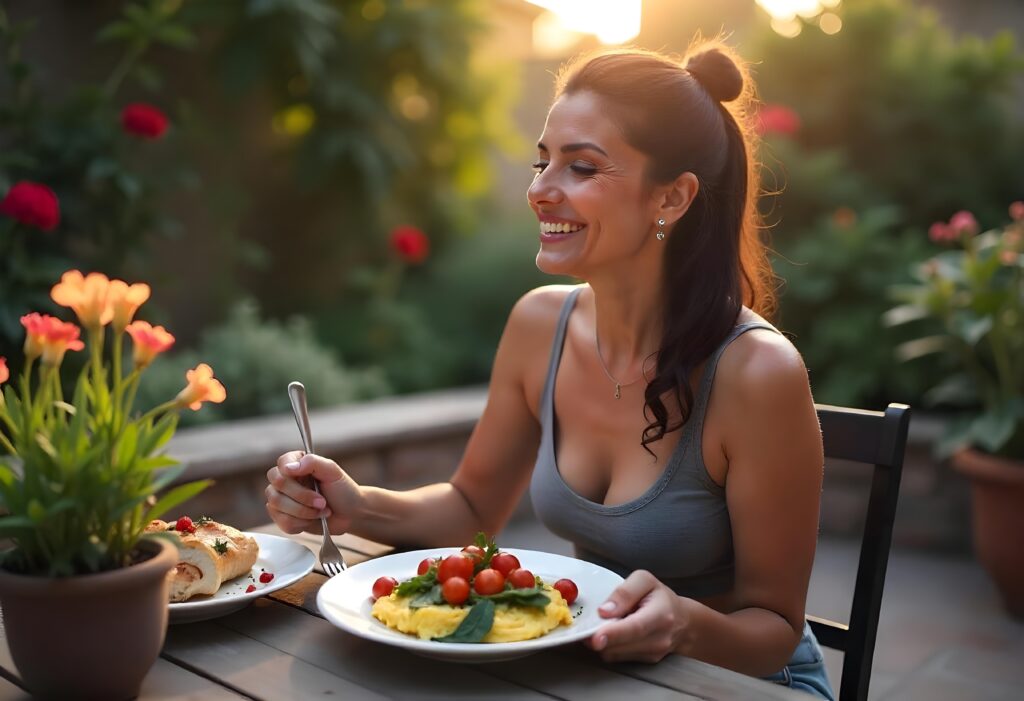 A woman eating scrambled eggs and spinach