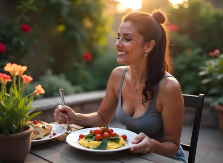 A woman eating scrambled eggs and spinach