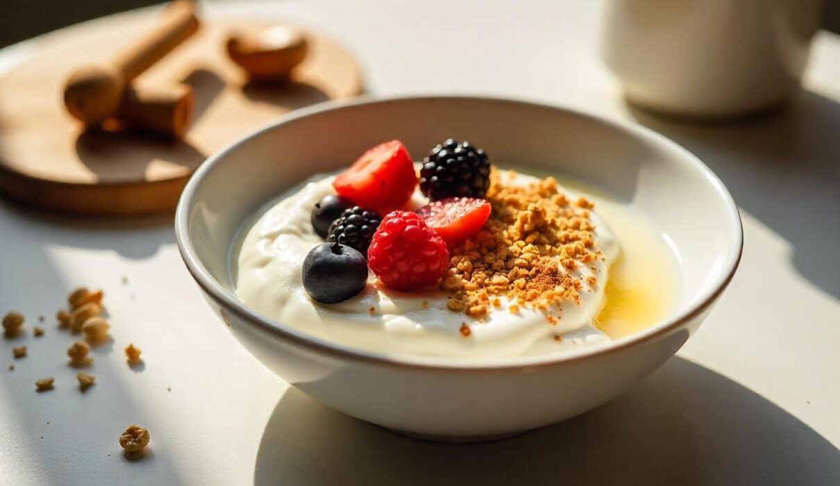 Greek yogurt with berries and figs granola