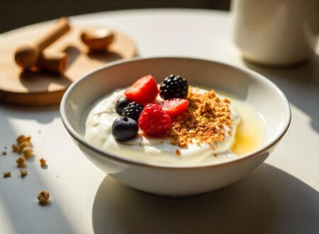 Greek yogurt with berries and figs granola