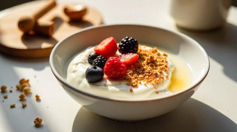 Greek yogurt with berries and figs granola