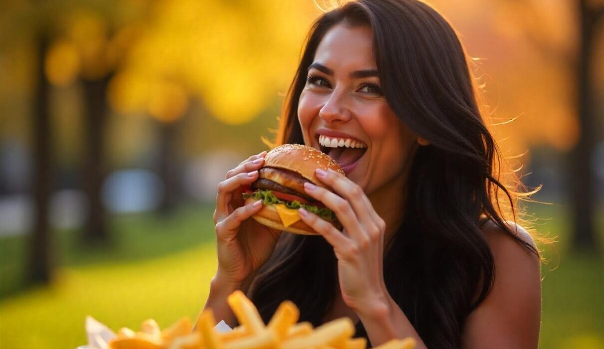 A healthy woman enjoying a cheat meal