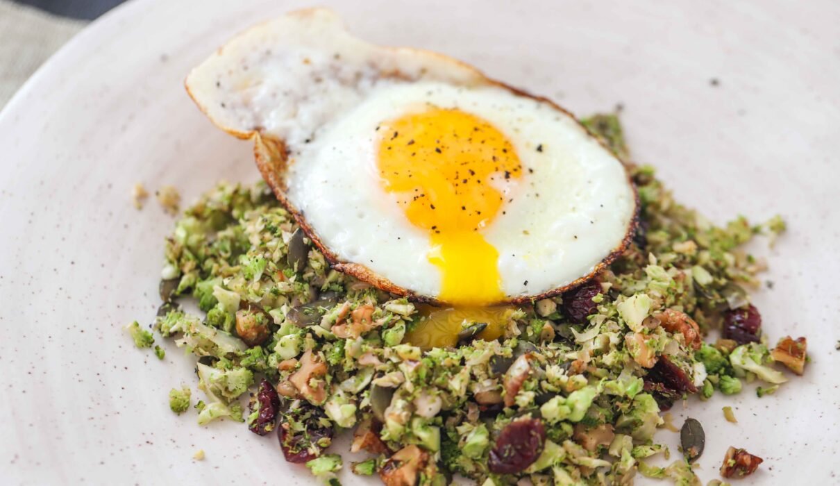 Superfood breakfast egg on a bed of cauliflower rice