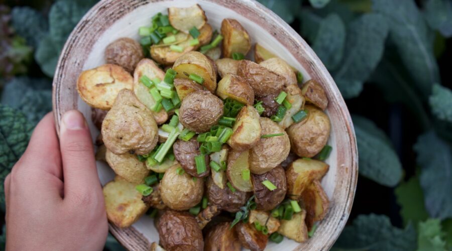 A bowl of baked potatoes